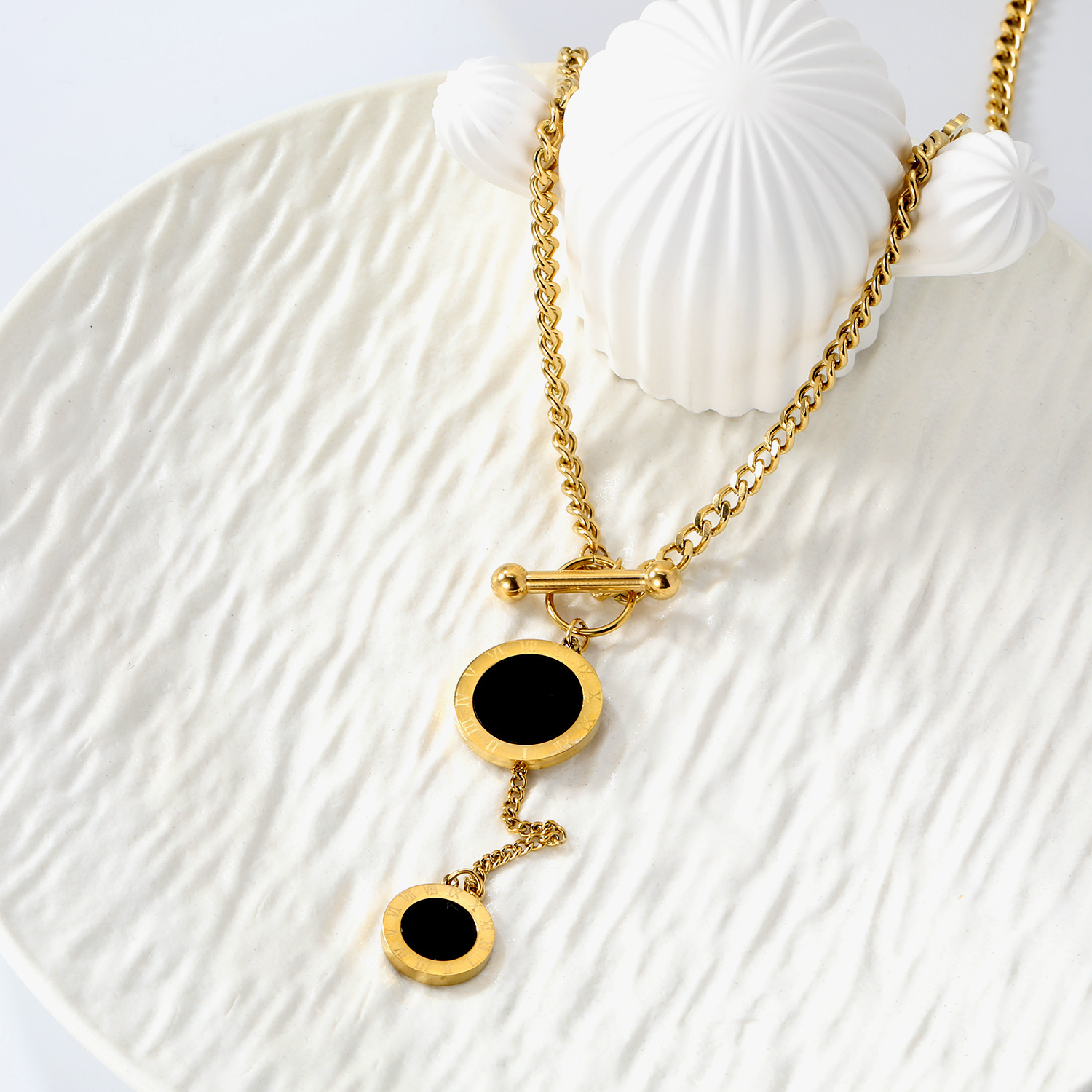 Minimalist OT Buckle Black Dial Necklace, Gold-plated